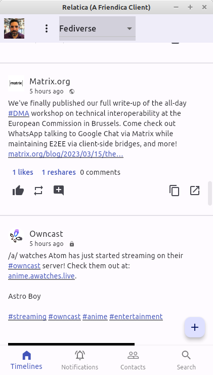 Relatica v0.2.0 on Linux Home Screen Screenshot
